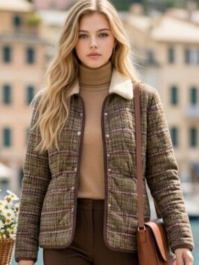 Lauren Ralph Lauren Multicolor Houndstooth Quilted Coat Corduroy Trim XL